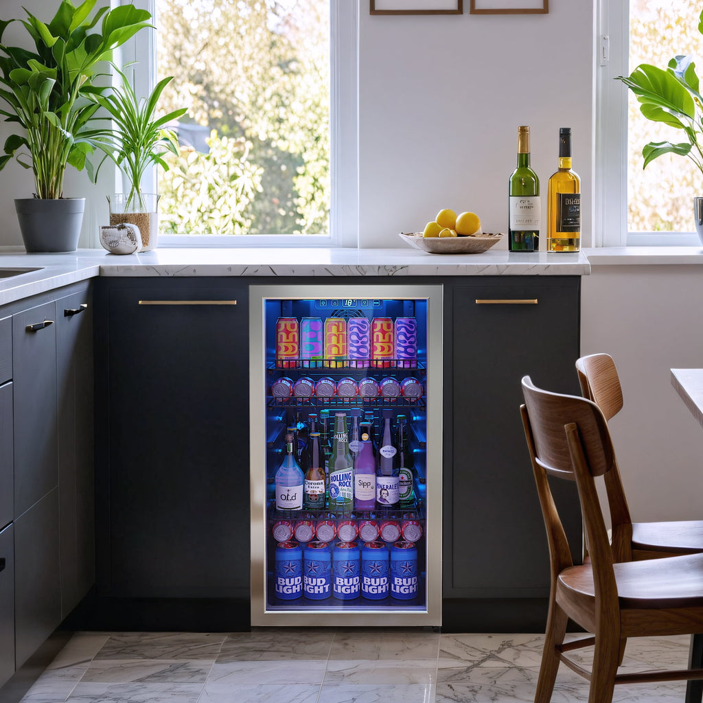 Patiosunny126 Can Beverage Refrigerator and Cooler with Glass Door for Home, 18.5 x 17.5 x 36.7 inches, Stainless Steel
