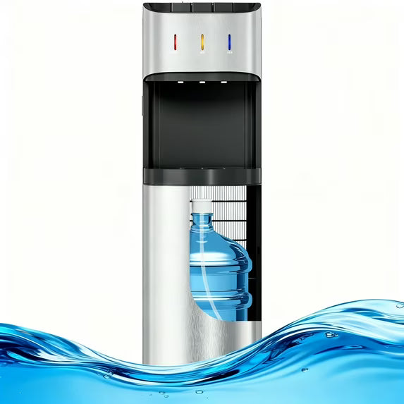 UrbanSync Bottom Load Water Cooler Dispenser for 5 Gallon Bottles, 3 Temperatures (Hot, Cold, and Room), Rapid cooling, LED Lighting, Empty Bottle Alert, Silver