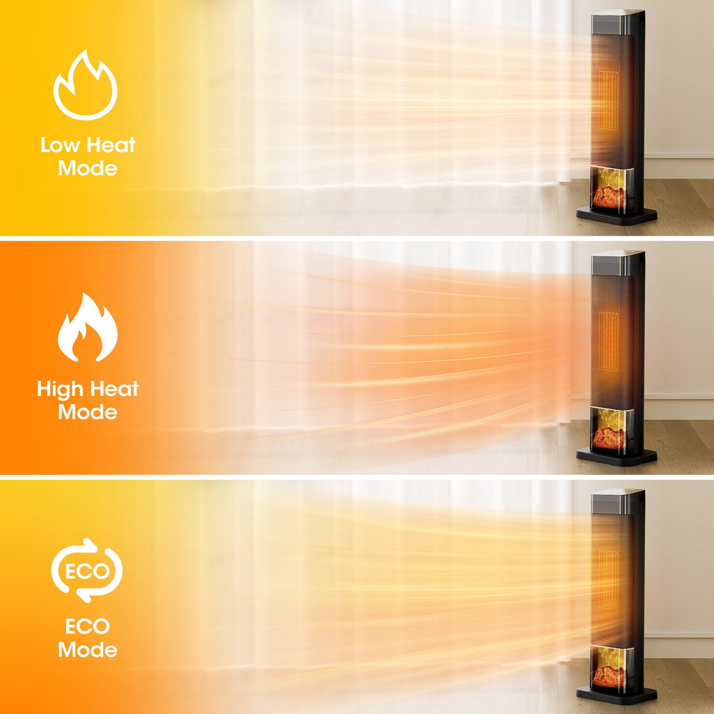 UrbanSync 25" 1500W Tower Space Heater with 4 Modes, 3D Flame, LED Display, Tower Heater with 70 °Oscillation, 24 Hour Timer and Child Lock, for Living Room, Office, Bathroom (Black)