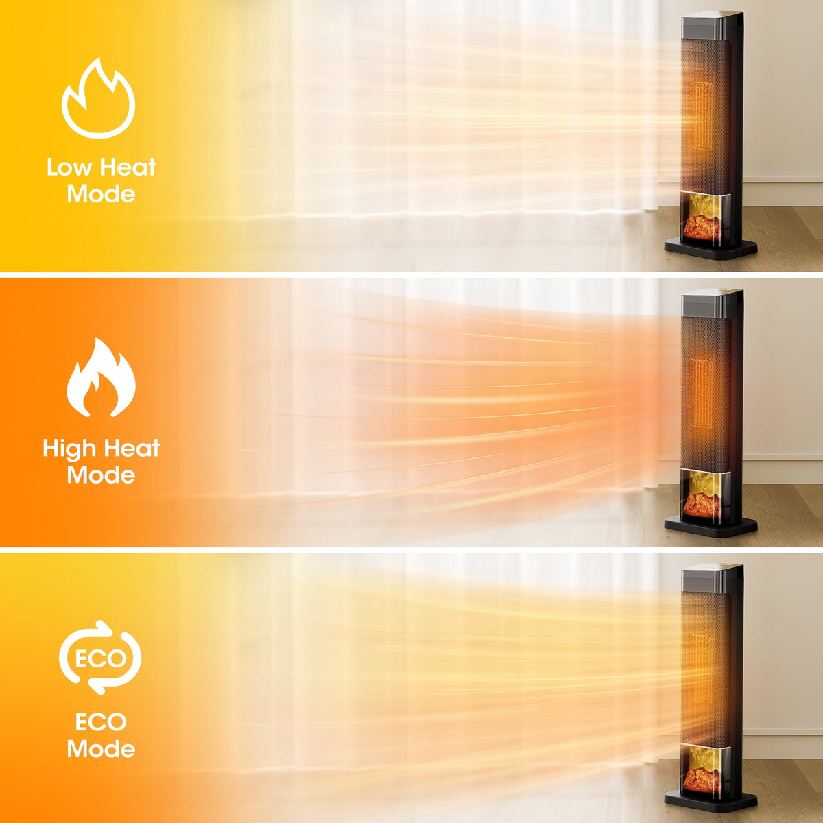 UrbanSync 25" 1500W Tower Space Heater with 4 Modes, 3D Flame, LED Display, Tower Heater with 70 °Oscillation, 24 Hour Timer and Child Lock, for Living Room, Office, Bathroom (Black)