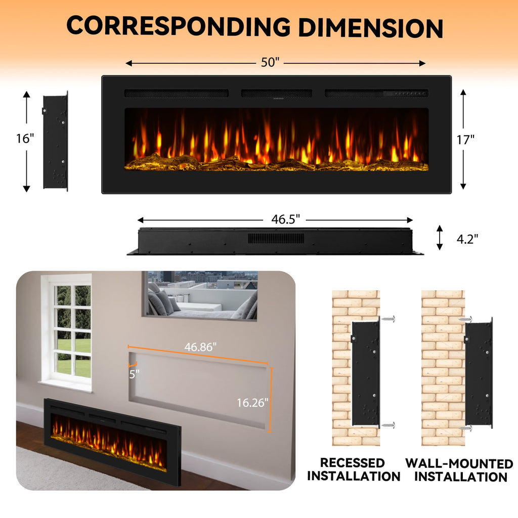 UrbanSync 50-inch wall-mounted electric fireplace with multi-color flame, timer, low noise, touch screen and remote control