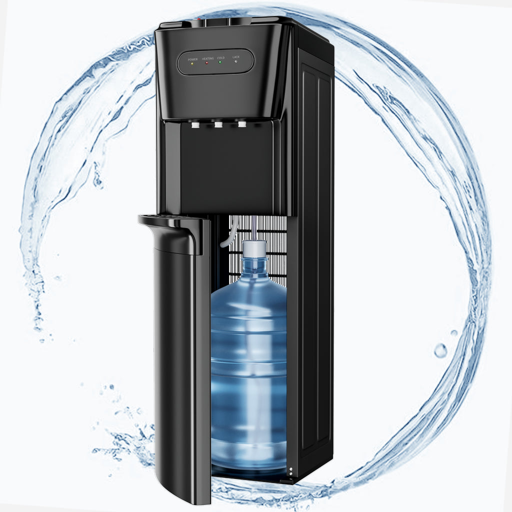 UrbanSync Bottom-Mounted Water Dispenser, 3 Temperatures (Hot, Cold, and Room), with Safety Lock, LED Lighting, Empty Bottle Alert, Black