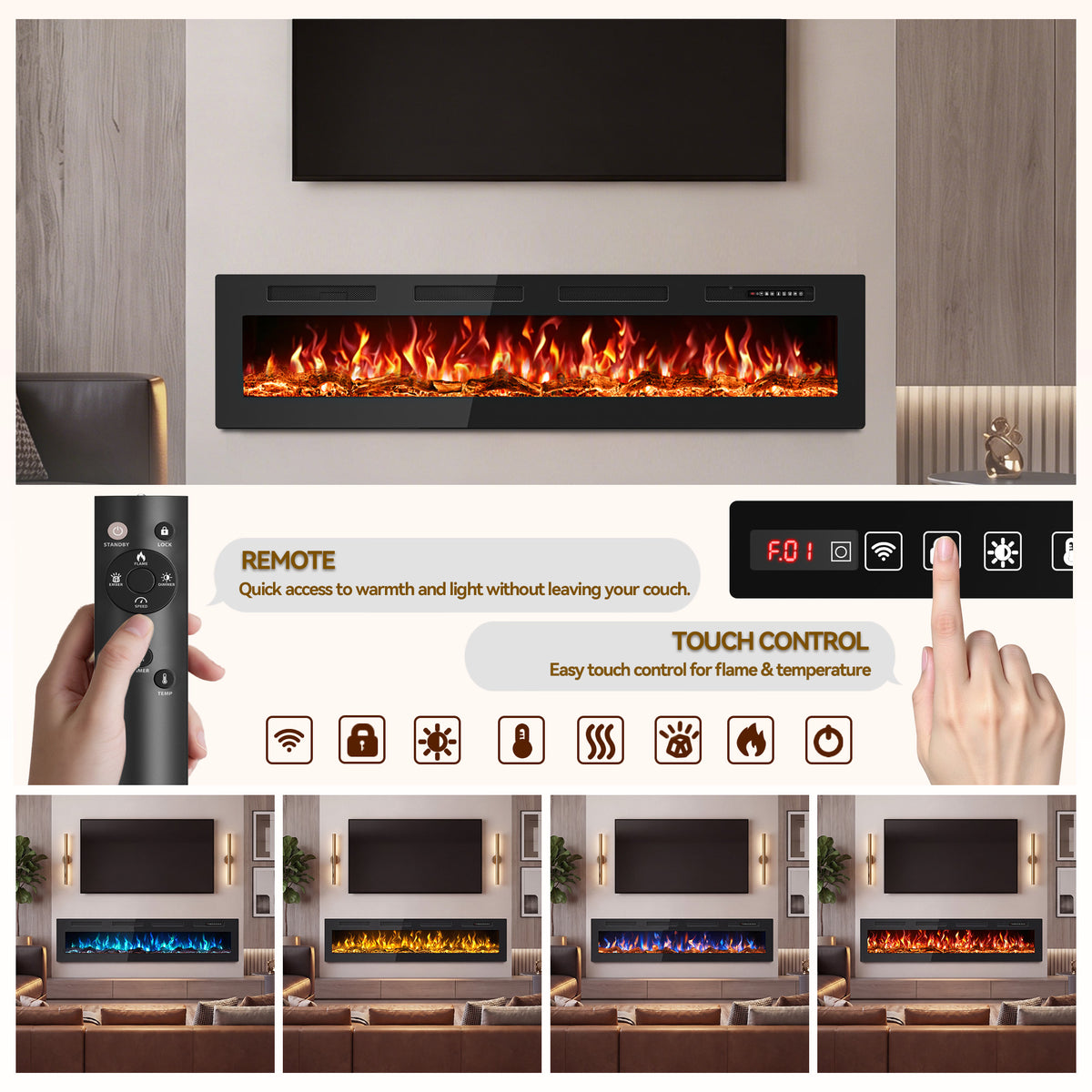 UrbanSync 72” Electric Fireplace Ultra Thin Fireplace Heater, Recessed Wall Mounted Fireplace with Multicolor Flame & Remote Control, New