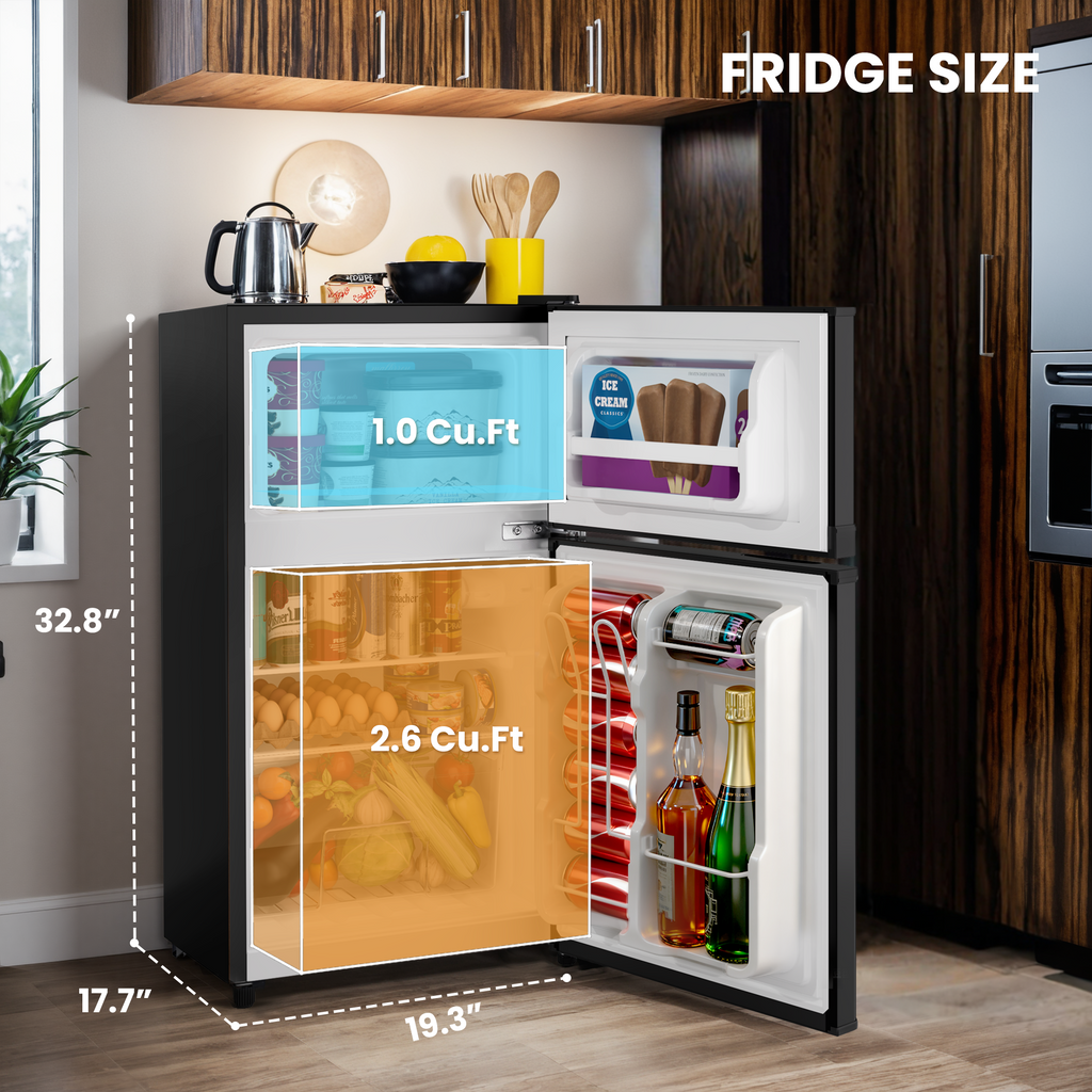UrbanSync 3.6 Cu.Ft Mini Fridge with Freezer, 2 Doors, Small Refrigerator with Adjustable Shelves for Kitchen, Dorm, Office and Bedroom(Black)