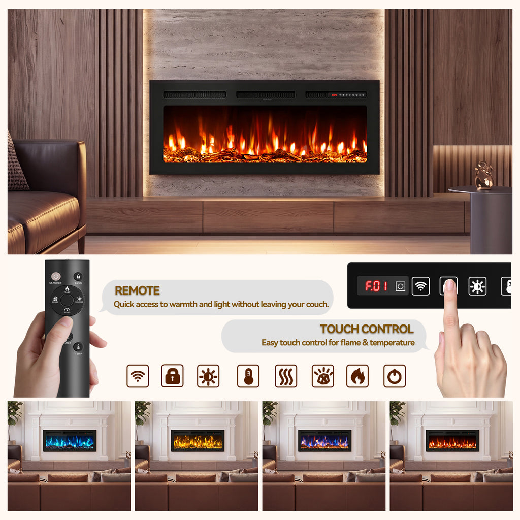 UrbanSync 42’’ 1500W Wall Mounted Recessed Electric Fireplace,12 Flame Color Modes,Touch Screen & Remote Control,Ultra Thin & Low Noise