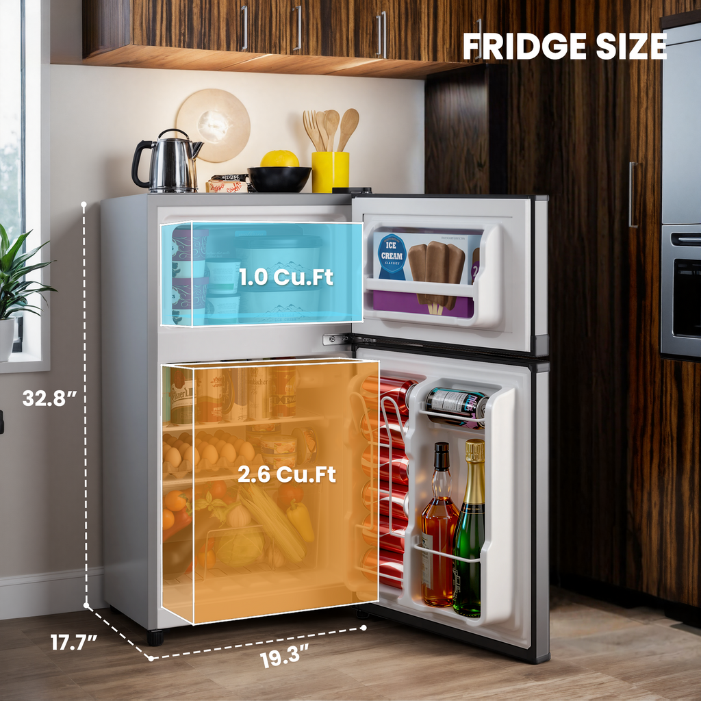UrbanSync 3.6 Cu.Ft Mini Fridge with Freezer, 2 Doors, Small Refrigerator with Adjustable Shelves for Kitchen, Dorm, Office and Bedroom(Silver)