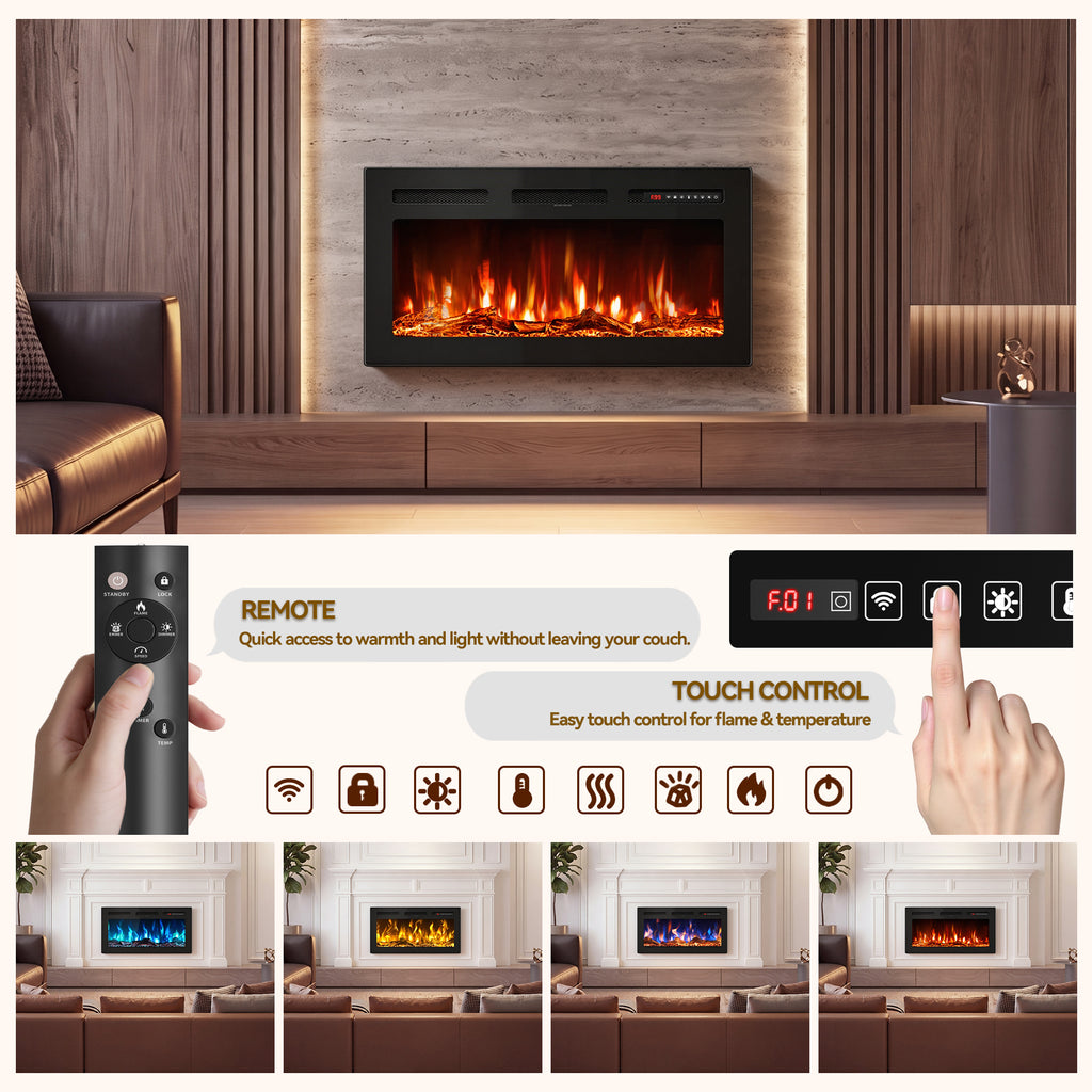 UrbanSync 36’’ 1500W Wall Mounted Recessed Electric Fireplace,12 Flame Color Modes,Touch Screen & Remote Control,Ultra Thin & Low Noise
