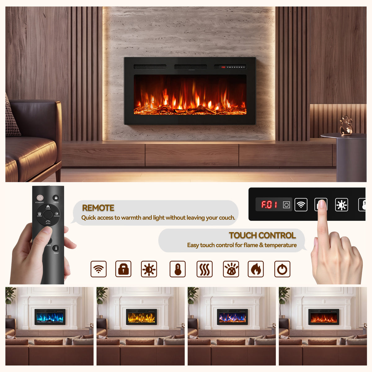 UrbanSync 36’’ 1500W Wall Mounted Recessed Electric Fireplace,12 Flame Color Modes,Touch Screen & Remote Control,Ultra Thin & Low Noise