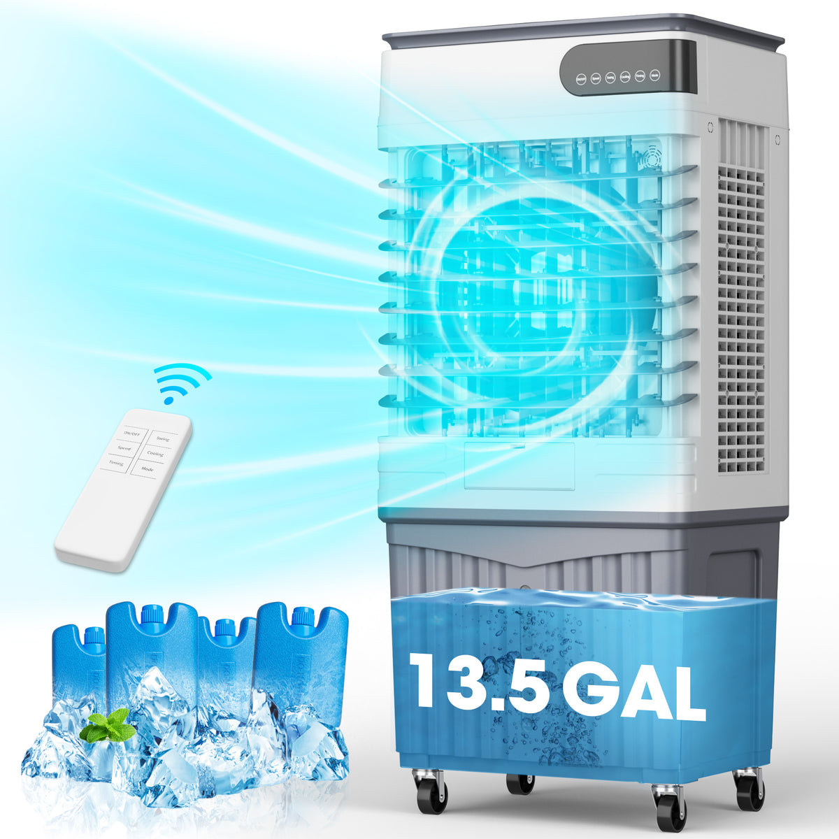 UrbanSync Evaporative Air Cooler, 3d Cooling, 13.5 Gallon Tank, 3 Speeds, 12 Hour Timer, 4 Ice Boxes, Indoor or Outdoor Use