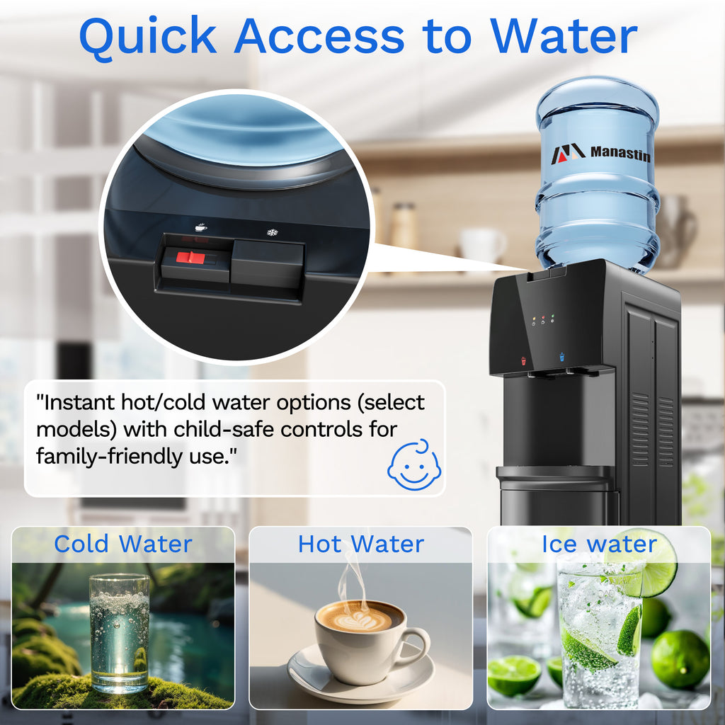 UrbanSync Top Loading Water Dispenser - Hot and Cold Water, Child Lock, Removable Water Tray, Extra Storage, Black