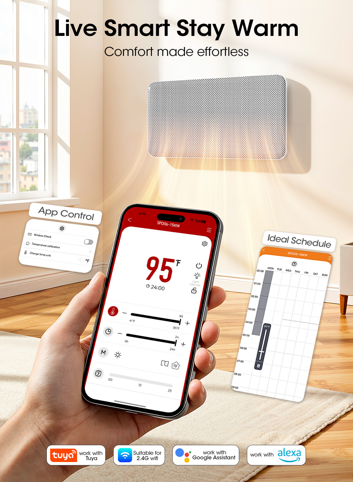Convection Panel Space Heater, Smart WiFi App Control & Child Lock & Quiet, 1500W Portable and Wall Mounted, Indoor Large Room Heater with Thermostat, 24H Timer