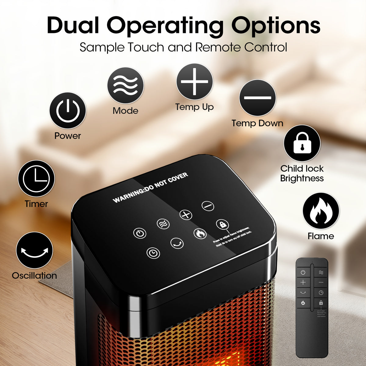 UrbanSync 25" 1500W Oscillating Ceramic Tower Electric Heater , LED Display, 3D Flame, 70 °Oscillation, 4 Modes, 24H Timer, with Overheat Protection, Remote Control for Living Room, Office, Bathroom