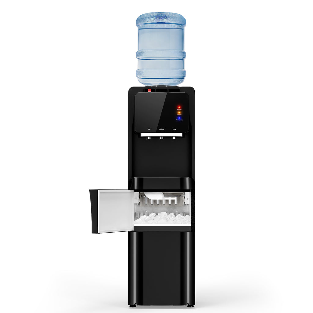 UrbanSync Top Loading Water Cooler Dispenser with Ice Maker, for 3 or 5 Gallon Bottle, Ice/Hot/Room/Cold, with Child Lock & Energy-efficient, Black