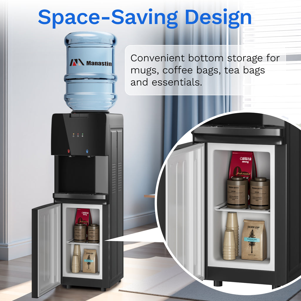 UrbanSync Top Loading Water Dispenser - Hot and Cold Water, Child Lock, Removable Water Tray, Extra Storage, Black