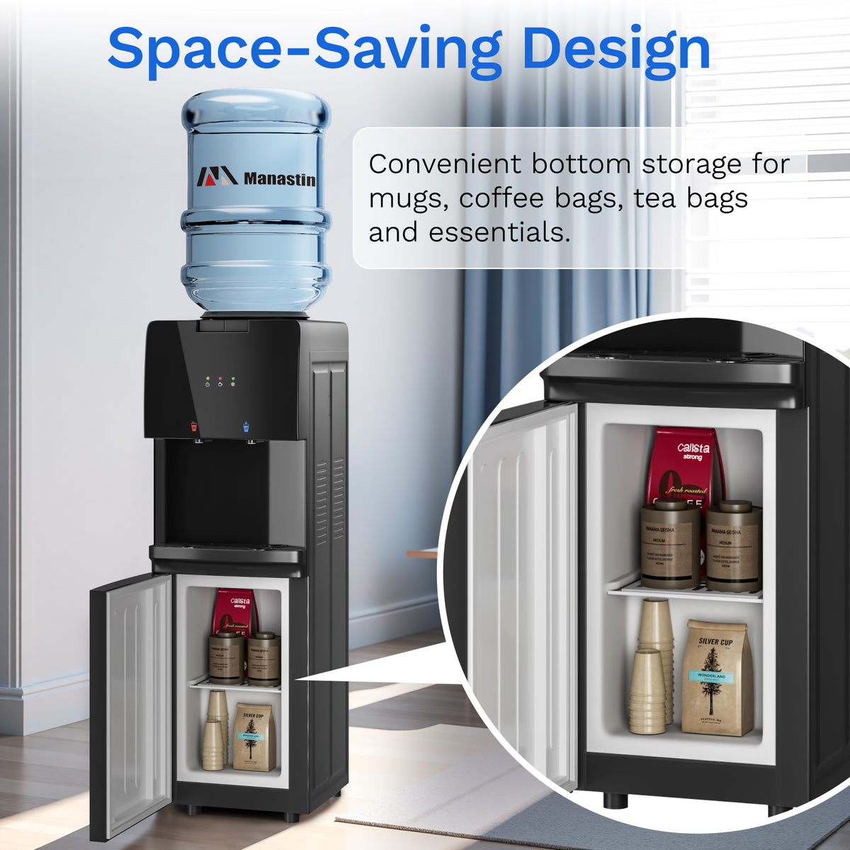 UrbanSync Top Loading Water Dispenser - Hot and Cold Water, Child Lock, Removable Water Tray, Extra Storage, Black