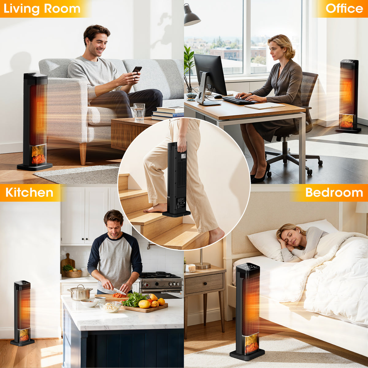 UrbanSync 25" 1500W Oscillating Ceramic Tower Electric Heater , LED Display, 3D Flame, 70 °Oscillation, 4 Modes, 24H Timer, with Overheat Protection, Remote Control for Living Room, Office, Bathroom
