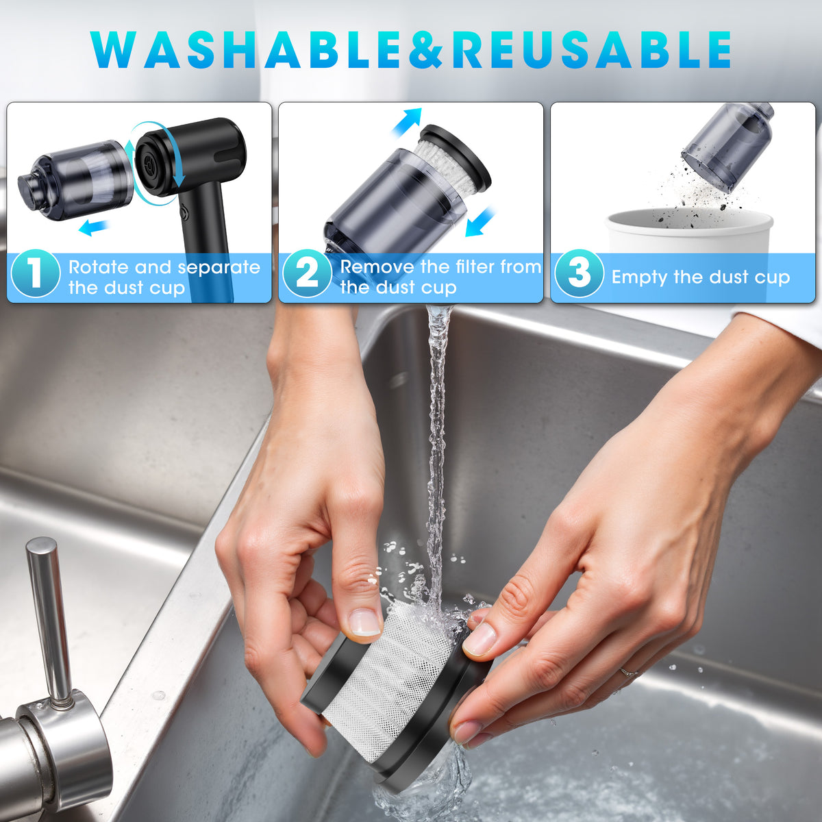 UrbanSync 8-in-1 Cordless Handheld Vacuum Cleaner - 16,000PA Powerful Suction, 4000mAh Battery, Washable and Reusable