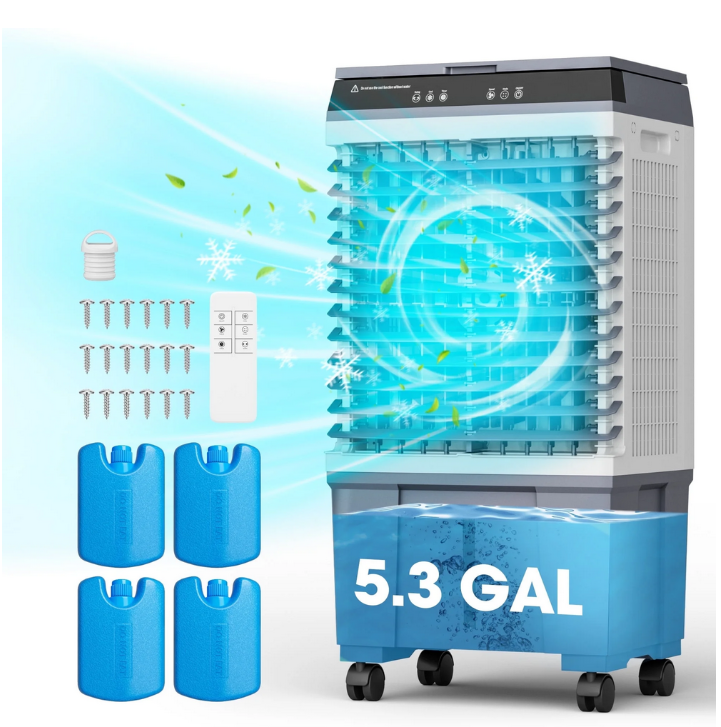Evaporative Air Cooler, 3d Cooling, 5.3 Gallon Tank, 3 Speeds, 12 Hour Timer, 4 Ice Boxes, Indoor or Outdoor Use, Energy-Saving
