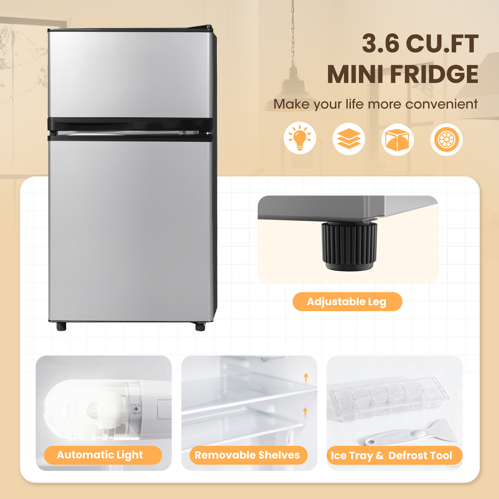 UrbanSync 3.6 Cu.Ft Mini Fridge with Freezer, 2 Doors, Small Refrigerator with Adjustable Shelves for Kitchen, Dorm, Office and Bedroom(Silver)