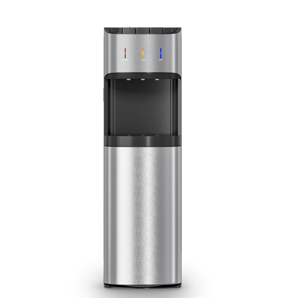 UrbanSync Bottom-Mounted Water Dispenser, 3 Temperatures (Hot, Cold, and Room), with Safety Lock, LED Lighting, Empty Bottle Alert, Silver