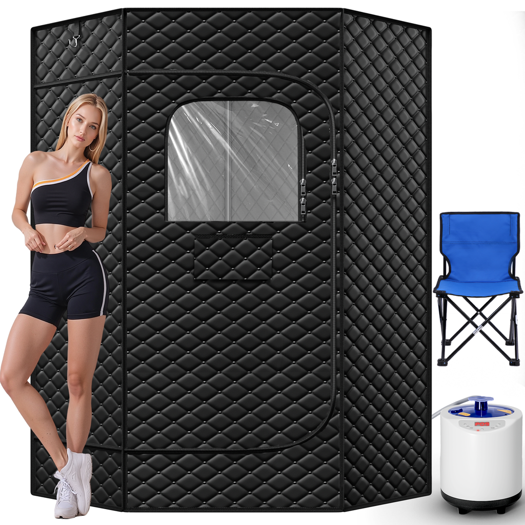 1-Person Pentagonal Steam Sauna Tent with 3L 1200W Steamer, 15-Level Temperature, 8-min Rapid Heating, 99Min-Timer, Remote Control, Folding Chair, 70" x 47" x 36", Black