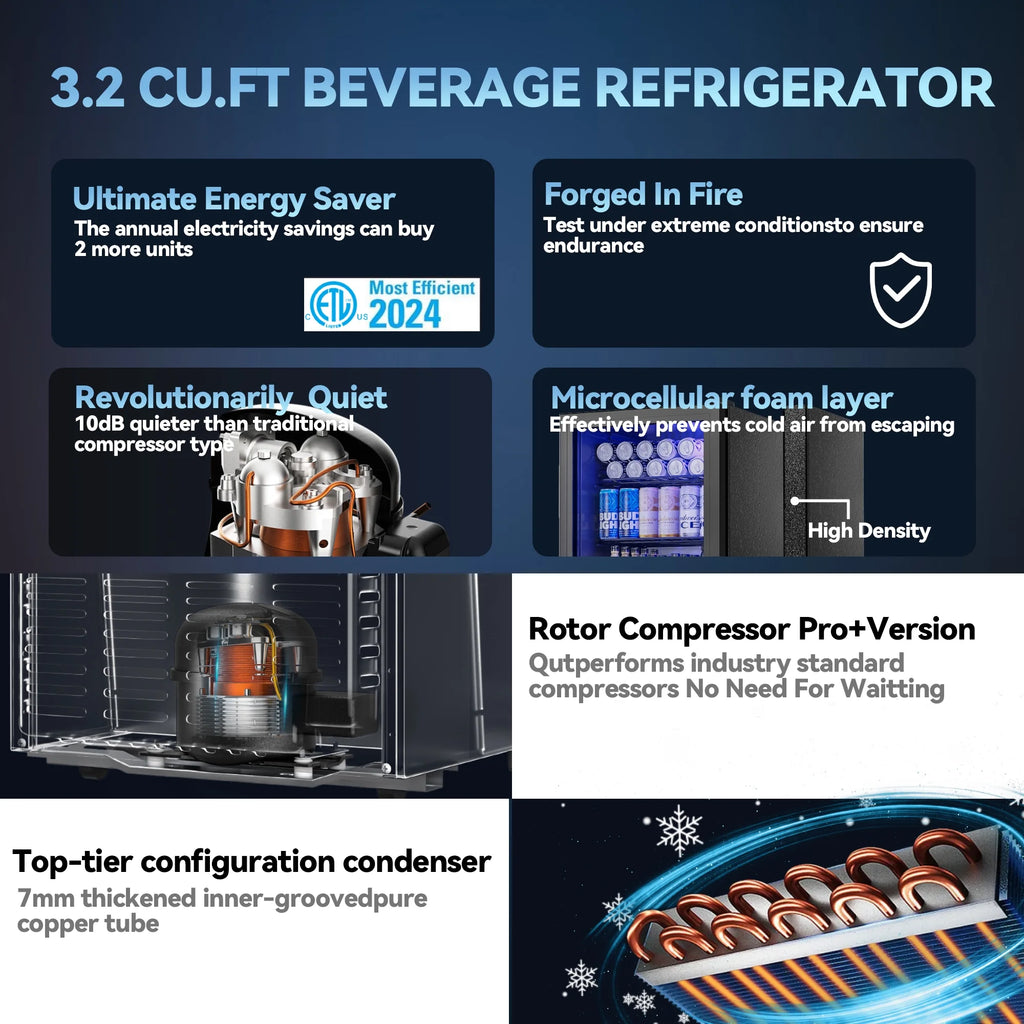 UrbanSync 130 Can Beverage Refrigerator Cooler 3.2 Cu.ft Mini Fridge with Glass Door & Adjustable Shelves, for Home/Office/Bar