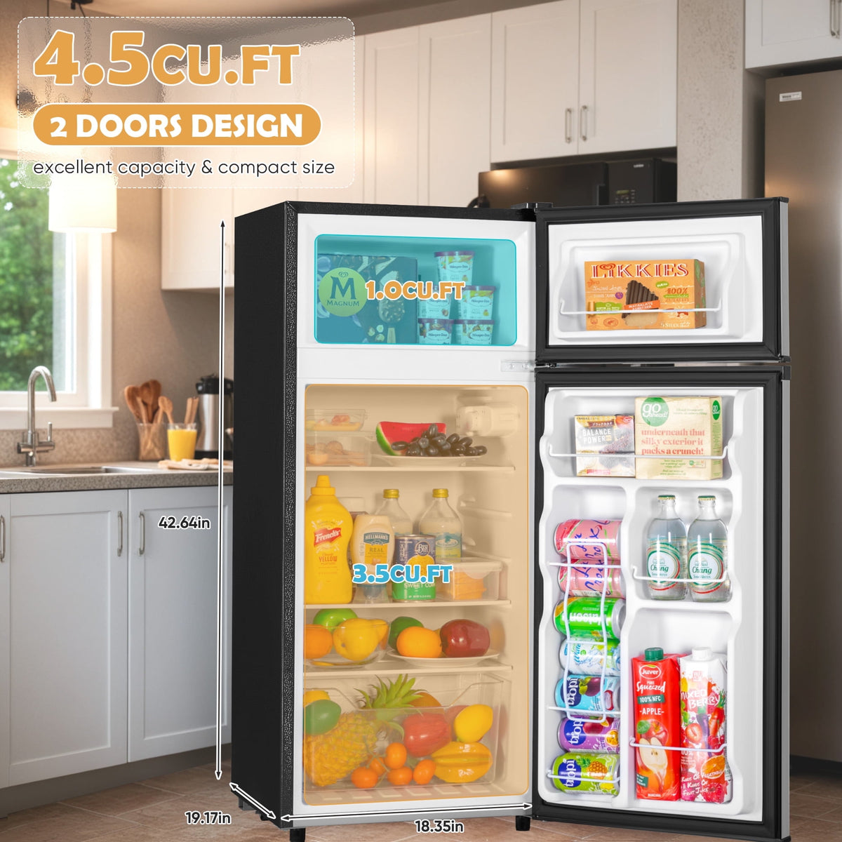 UrbanSync 4.5 Cu.ft Mini Fridge with Freezer 2-Door Compact & 7 Settings Temperature Adijustable, Refrigerator for Dorm, Office, Bar, RV, Bedroom, Silver