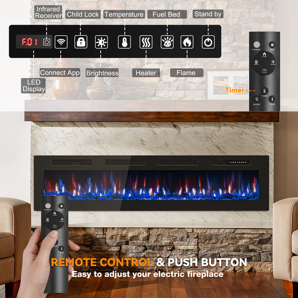 UrbanSync 72” Electric Fireplace Ultra Thin Fireplace Heater, Recessed Wall Mounted Fireplace with Multicolor Flame & Remote Control, New