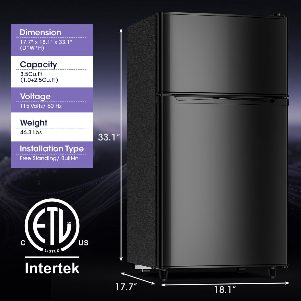 UrbanSync 3.5 Cu.ft Mini Fridge with Freezer, Adjustable Thermostat, Low Noise, Removable Glass Shelves, 2 Door Small Refrigerator for Kitchen, Office, Bedroom,Black