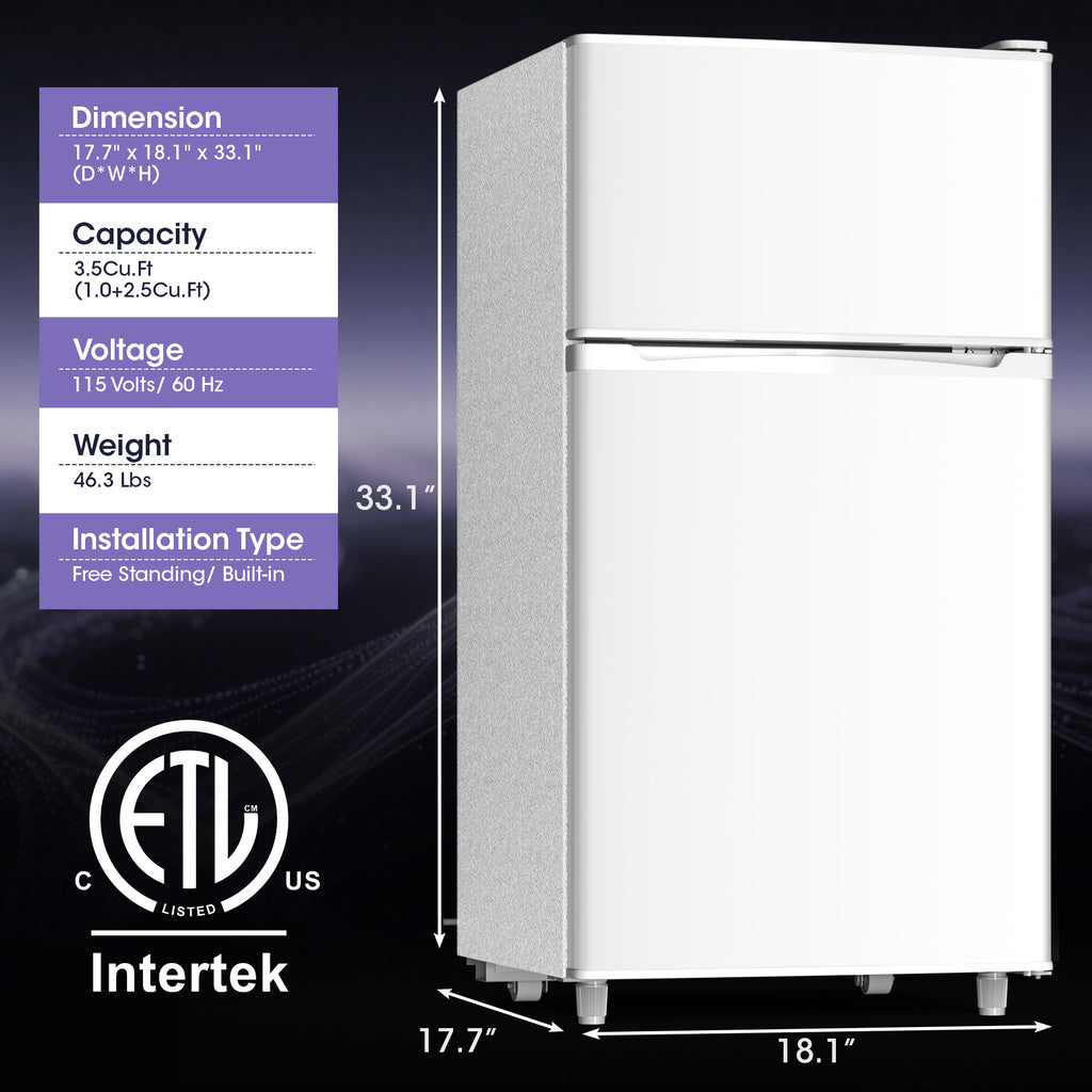 UrbanSync 3.5 Cu.Ft Mini Fridge with Freezer, Adjustable Thermostat, Low Noise, Removable Glass Shelves, 2 Door Small Refrigerator for Kitchen, Dorm, Office, Bedroom, Pearl White