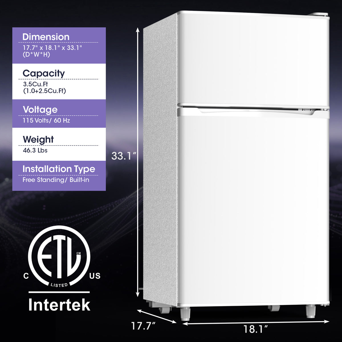 UrbanSync 3.5 Cu.Ft Mini Fridge with Freezer, Adjustable Thermostat, Low Noise, Removable Glass Shelves, 2 Door Small Refrigerator for Kitchen, Dorm, Office, Bedroom, Pearl White