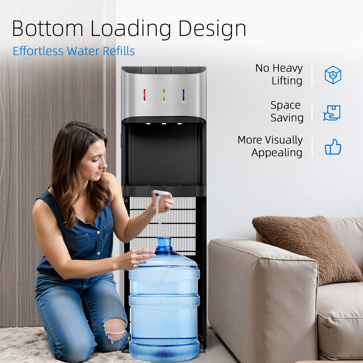 UrbanSync Bottom Load Water Cooler Dispenser for 5 Gallon Bottles, 3 Temperatures (Hot, Cold, and Room), Rapid cooling, LED Lighting, Empty Bottle Alert, Silver