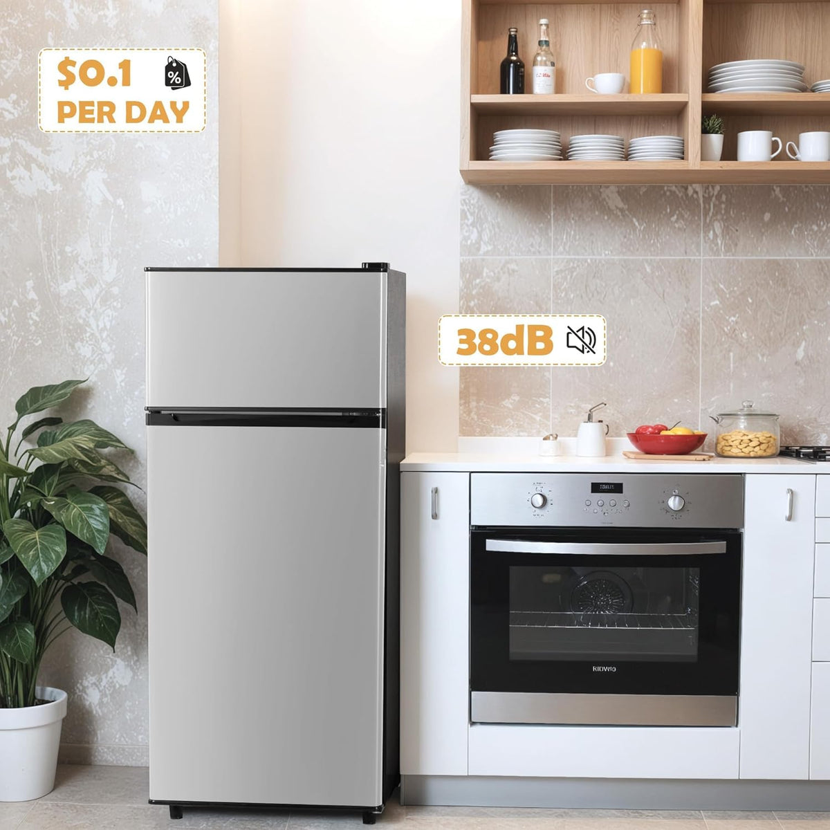 UrbanSync 4.5 Cu.Ft Mini Fridge with Freezer, 2 Doors, 7 Temperature Settings, Featuring Adjustable Castors and Shelves, Suitable for Kitchens,Offices and Bedrooms (Silver)