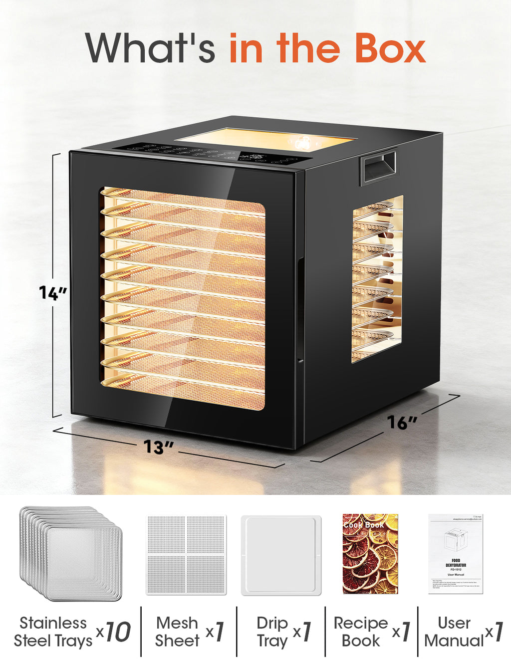 UrbanSync 850W Home Food Dehydrator Machine, 10 Stainless Steel Trays, 48-Hour Timer, LED Light, Ideal for Food, Meat, Fruit, and Vegetables