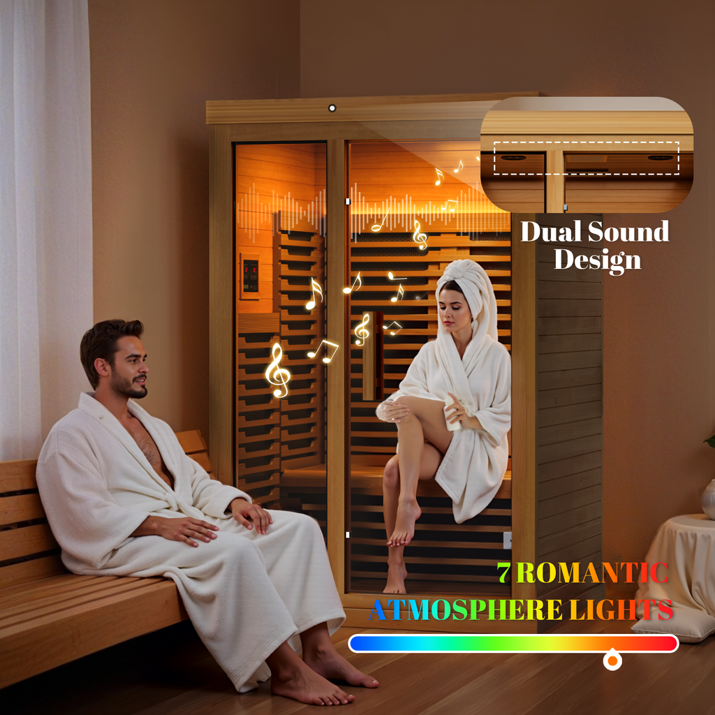UrbanSync 2 Person Personal Sauna for Home Use, Full Spectrum Infrared Sauna, Low EMF, Dual Tempered Glass & Bluetooth Speakers - Indoor Sauna 2000W (Wood Tone)