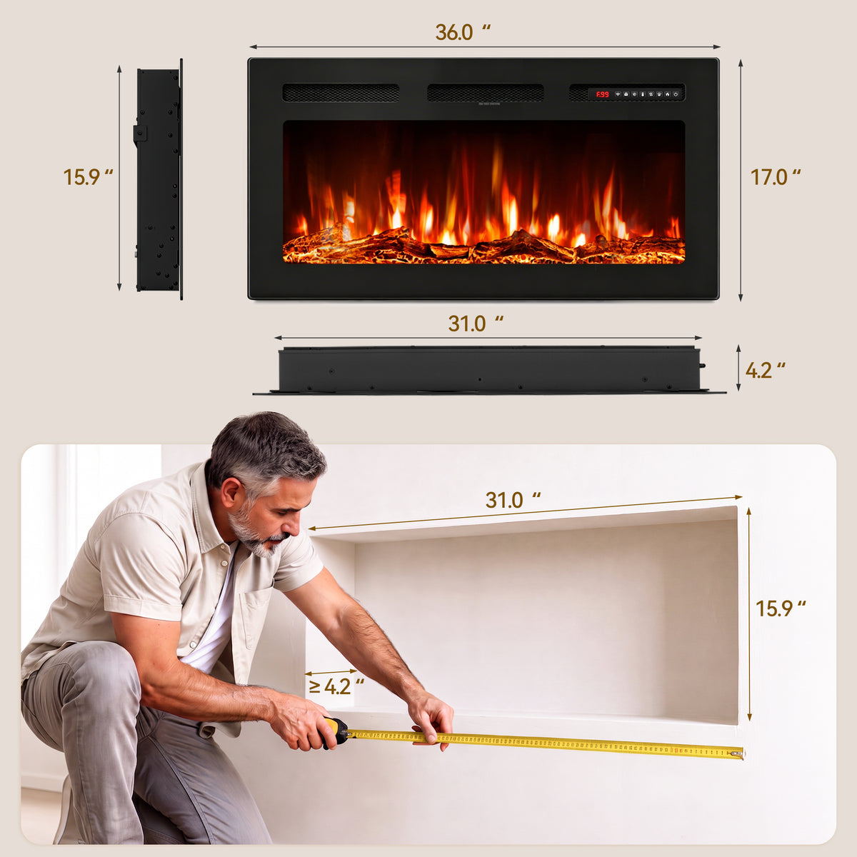 UrbanSync 36’’ 1500W Wall Mounted Recessed Electric Fireplace,12 Flame Color Modes,Touch Screen & Remote Control,Ultra Thin & Low Noise