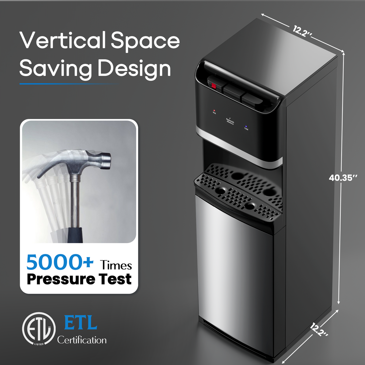 Upgraded Bottom Loading Water Cooler Dispenser for 5 Gallon Bottles - 3 Temperatures with Hot, Room & Cold Spouts, Child Safety Lock, LED Display with Empty Bottle Alert, Ebony Black