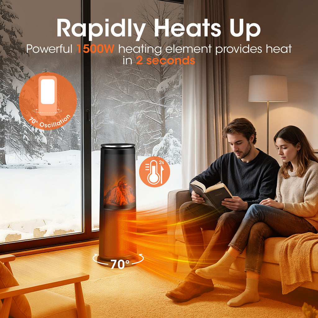UrbanSync 1500W 25" Tower Electric Space Heaters with 3D Flame Effect-Fast, Energy Saving and Mute, Remote Control, Child Lock & Safety Protection, for Indoor Use