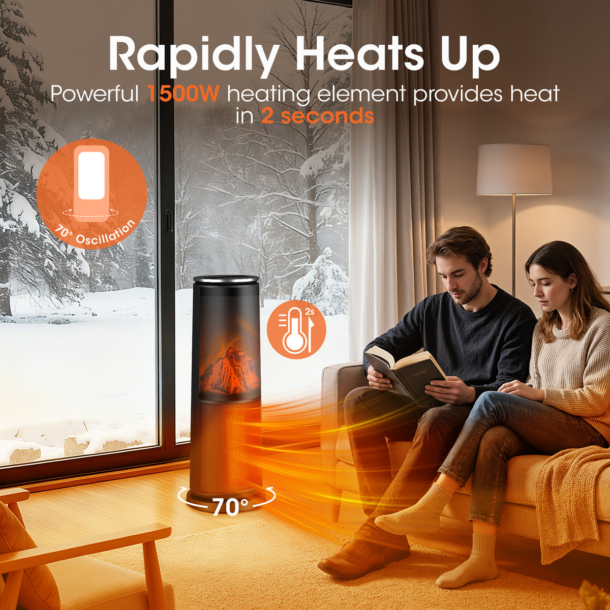 UrbanSync 1500W 25" Tower Electric Space Heaters with 3D Flame Effect-Fast, Energy Saving and Mute, Remote Control, Child Lock & Safety Protection, for Indoor Use