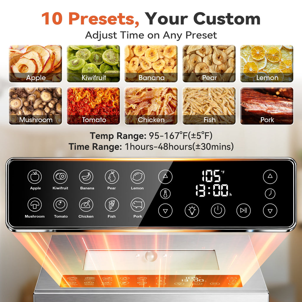 UrbanSync 850W Food Dehydrator Machine, 10 Stainless Steel Trays, 10 Presets, 95-167°F Temperature Control, 48-Hour Timer, Overheating Protection, LED Light, Ideal for Food, Meat, Fruit, Vegetables