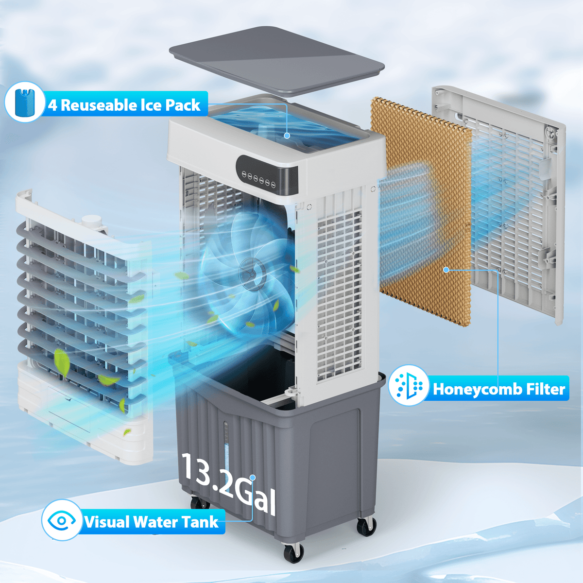 UrbanSync Evaporative Air Cooler, 3d Cooling, 13.5 Gallon Tank, 3 Speeds, 12 Hour Timer, 4 Ice Boxes, Indoor or Outdoor Use