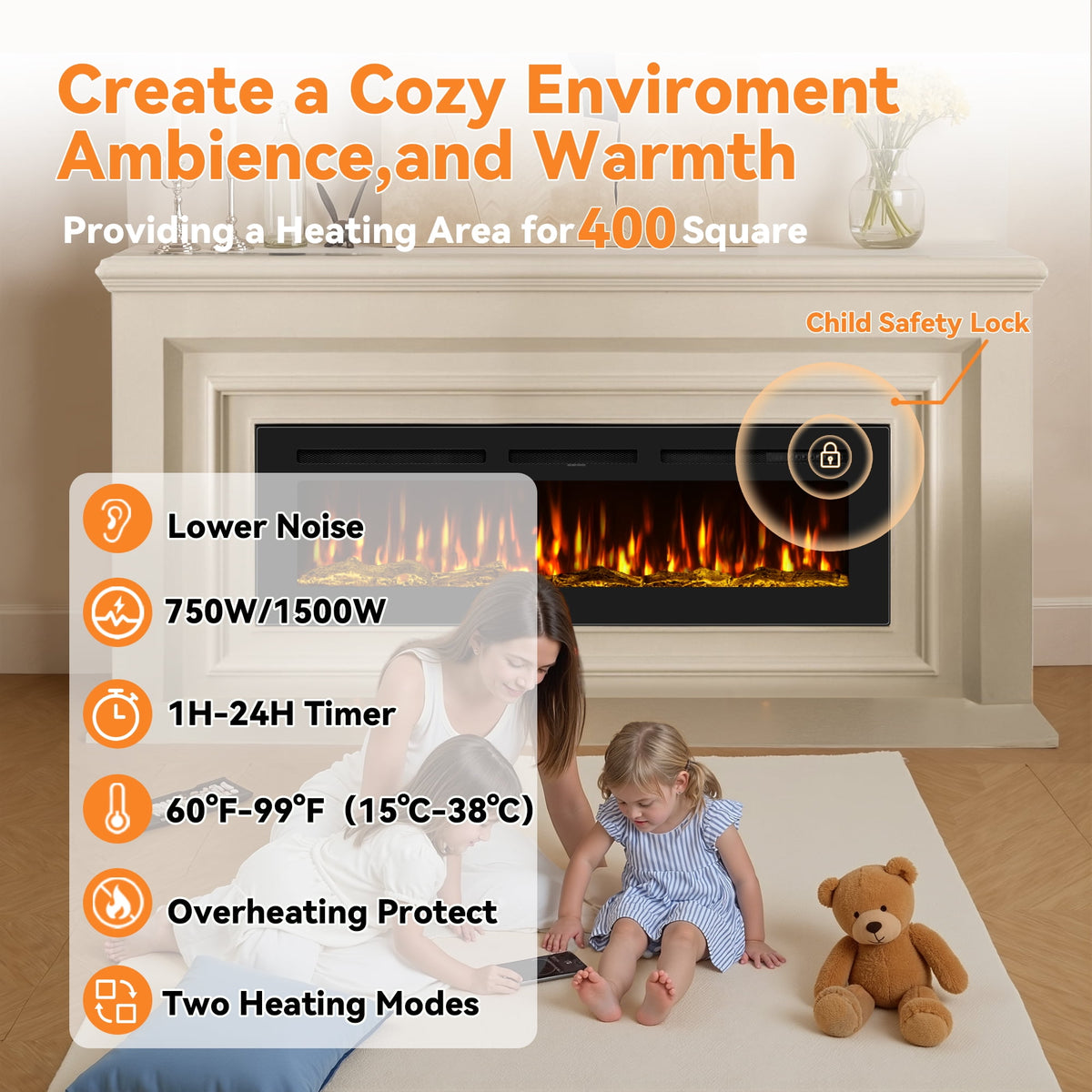 UrbanSync 50-inch wall-mounted electric fireplace with multi-color flame, timer, low noise, touch screen and remote control