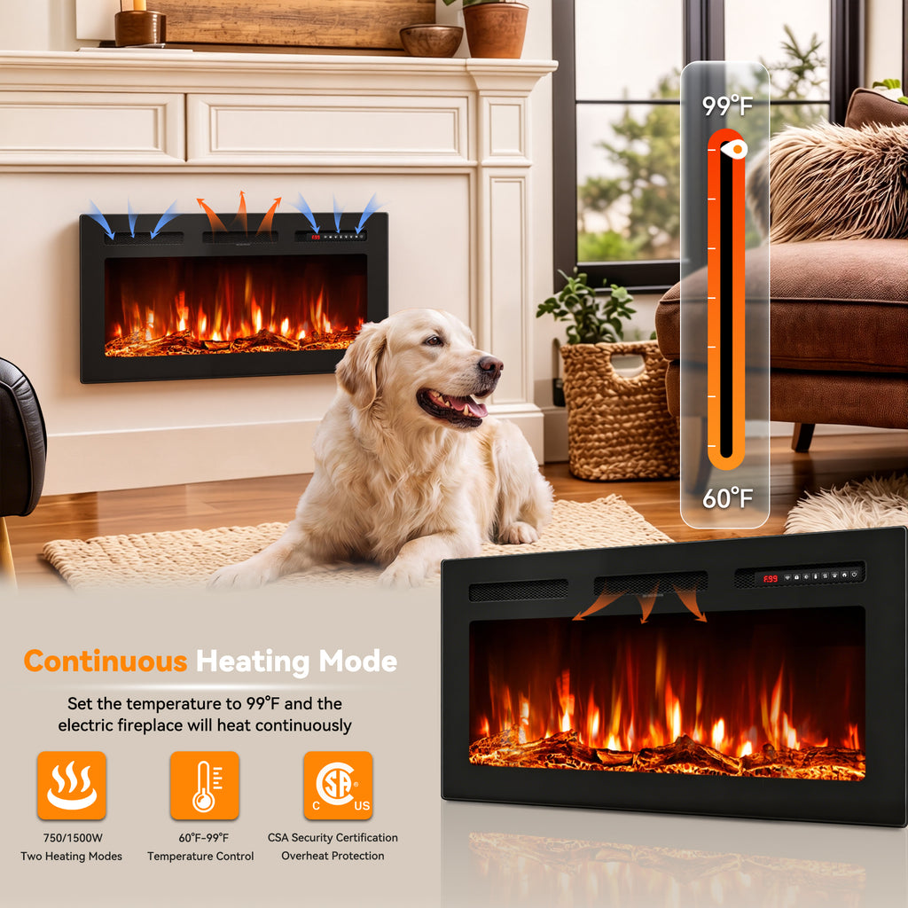 UrbanSync 36’’ 1500W Wall Mounted Recessed Electric Fireplace,12 Flame Color Modes,Touch Screen & Remote Control,Ultra Thin & Low Noise