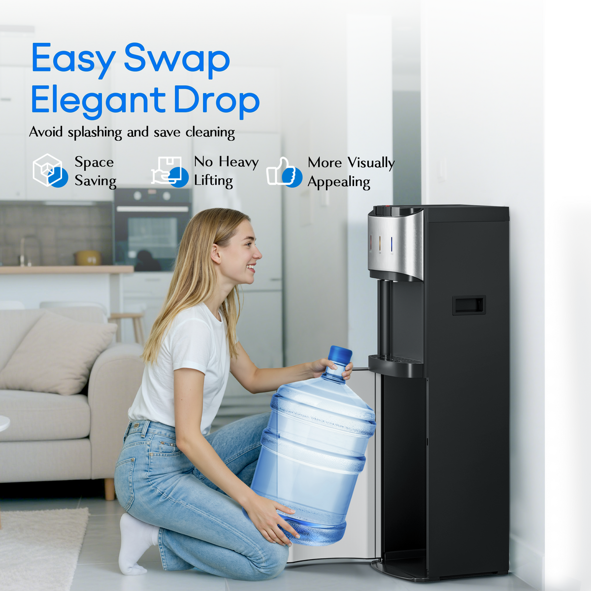 UrbanSync 3-Temp Bottom-Loading Water Dispenser with Ergonomic Height, Water Cooler with Child Lock & Food-Grade Tank for 5 Gal, Home/Office/Gym
