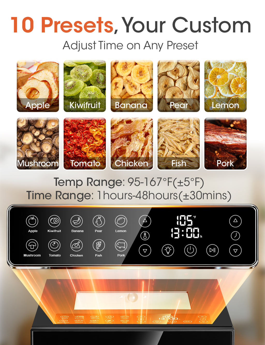 UrbanSync 850W Home Food Dehydrator Machine, 10 Stainless Steel Trays, 48-Hour Timer, LED Light, Ideal for Food, Meat, Fruit, and Vegetables