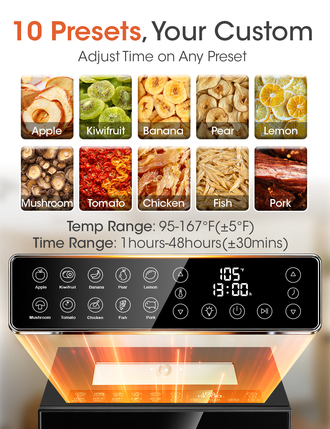 UrbanSync 850W Home Food Dehydrator Machine, 10 Stainless Steel Trays, 48-Hour Timer, LED Light, Ideal for Food, Meat, Fruit, and Vegetables