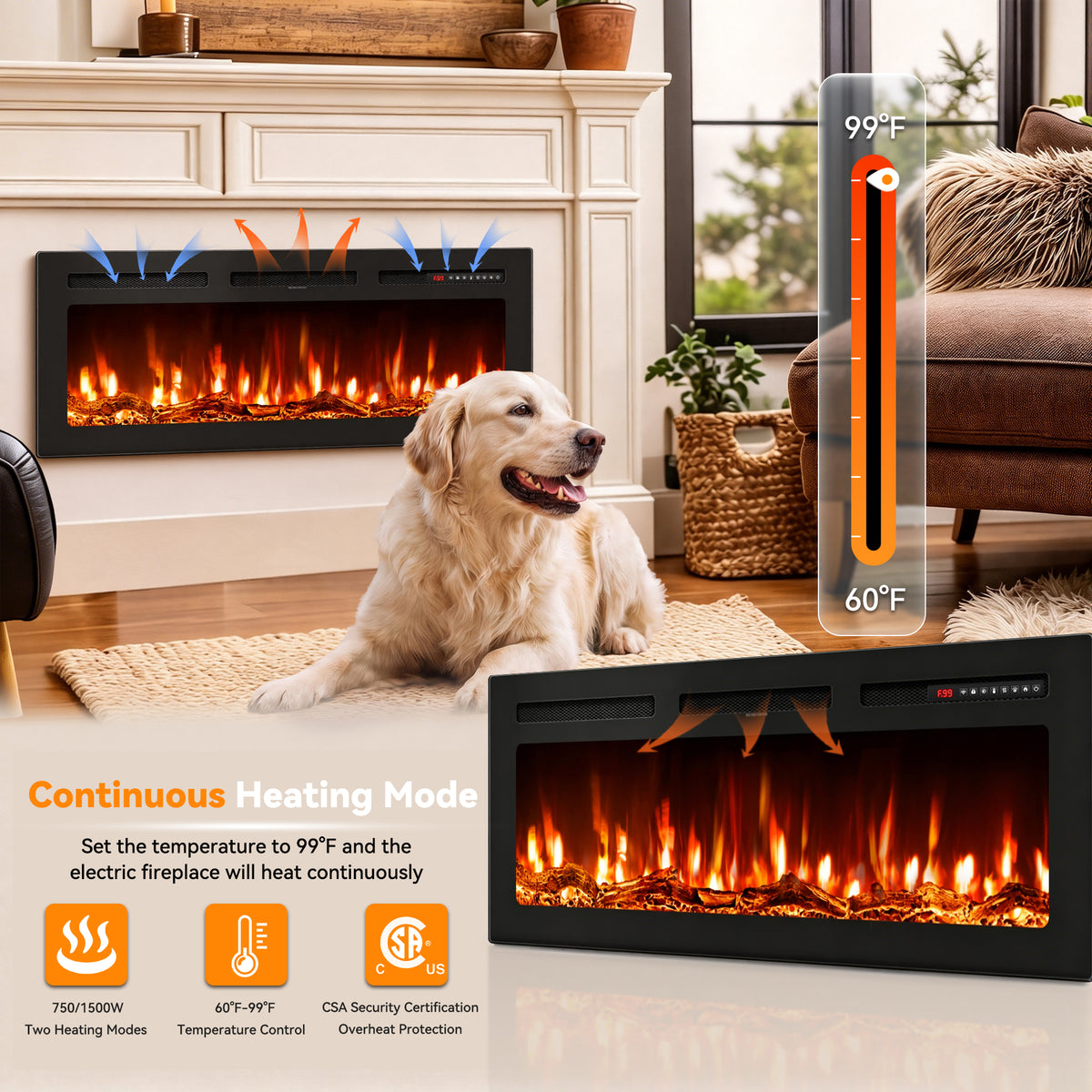 UrbanSync 42’’ 1500W Wall Mounted Recessed Electric Fireplace,12 Flame Color Modes,Touch Screen & Remote Control,Ultra Thin & Low Noise