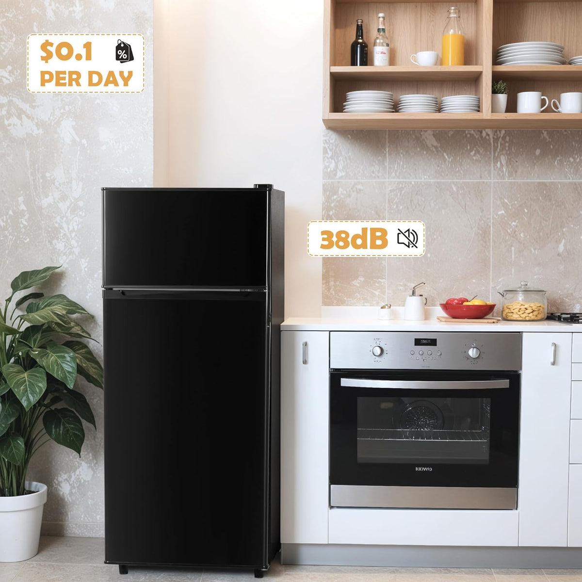 UrbanSync 4.5 Cu.Ft Mini Fridge with Freezer, 2 Doors, 7 Temperature Settings, Featuring Adjustable Castors and Shelves, Suitable for Kitchens,Offices and Bedrooms (Black)