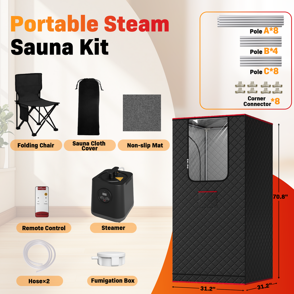 1-Person Portable Steam Sauna Tent with 3L/1200W Steamer, 99-Min Timer & 15 Power Levels, XL Foldable and Remote Control, Detox Spa for Relaxation, 70.8" x 31.2" x 31.2", Black