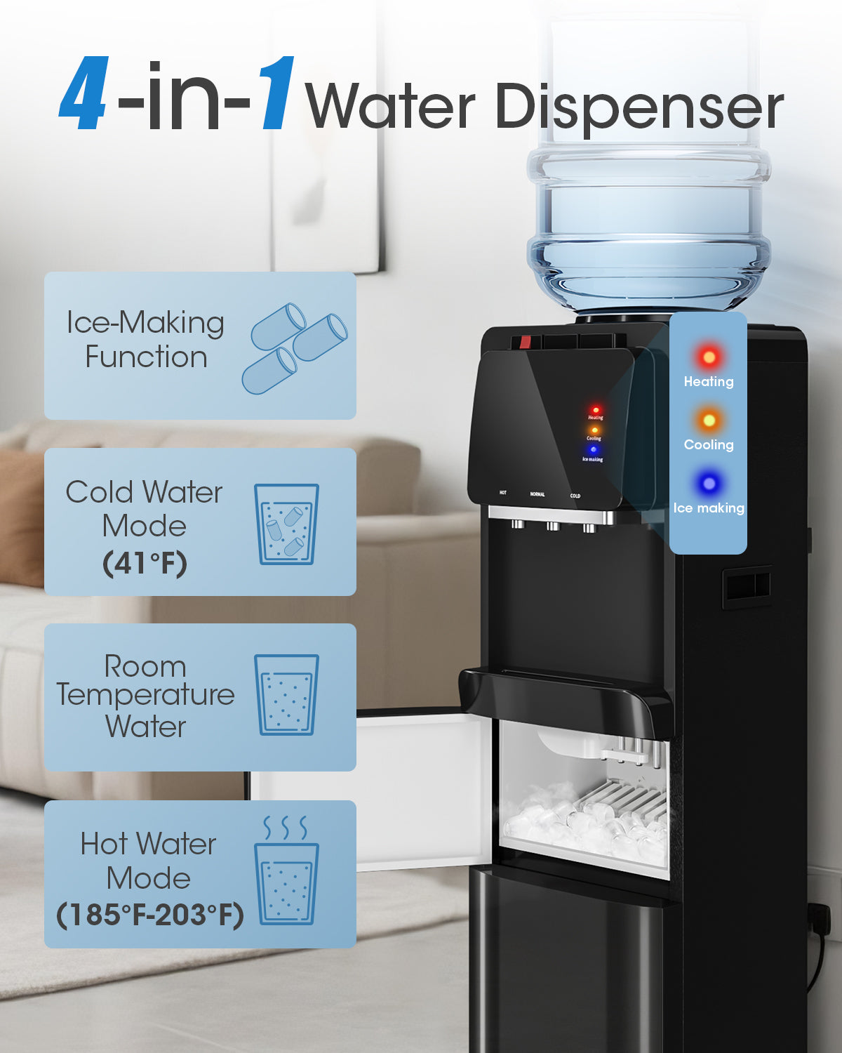 UrbanSync Top Loading Water Cooler Dispenser with Ice Maker, for 3 or 5 Gallon Bottle, Ice/Hot/Room/Cold, with Child Lock & Energy-efficient, Black